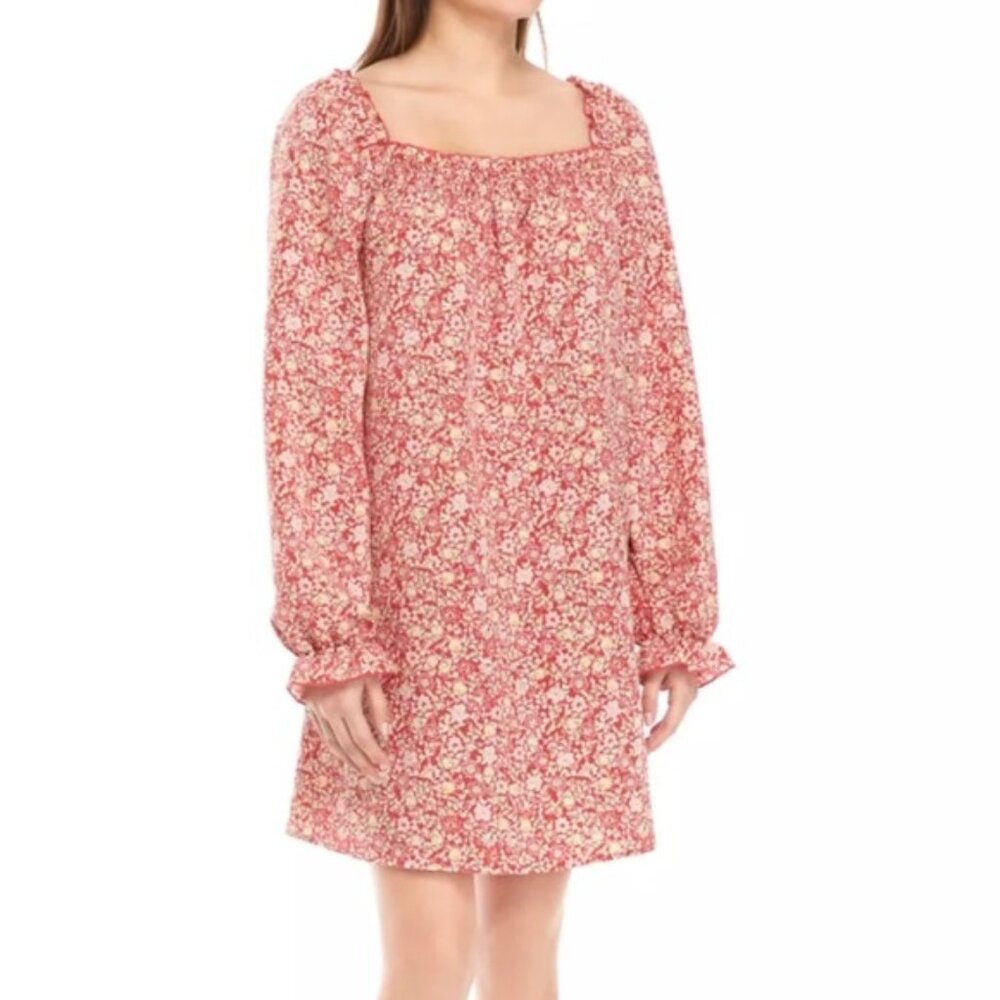 BeBop Red Floral Long Raglan Sleeve Babydoll Square Neck Smocked Dress size S